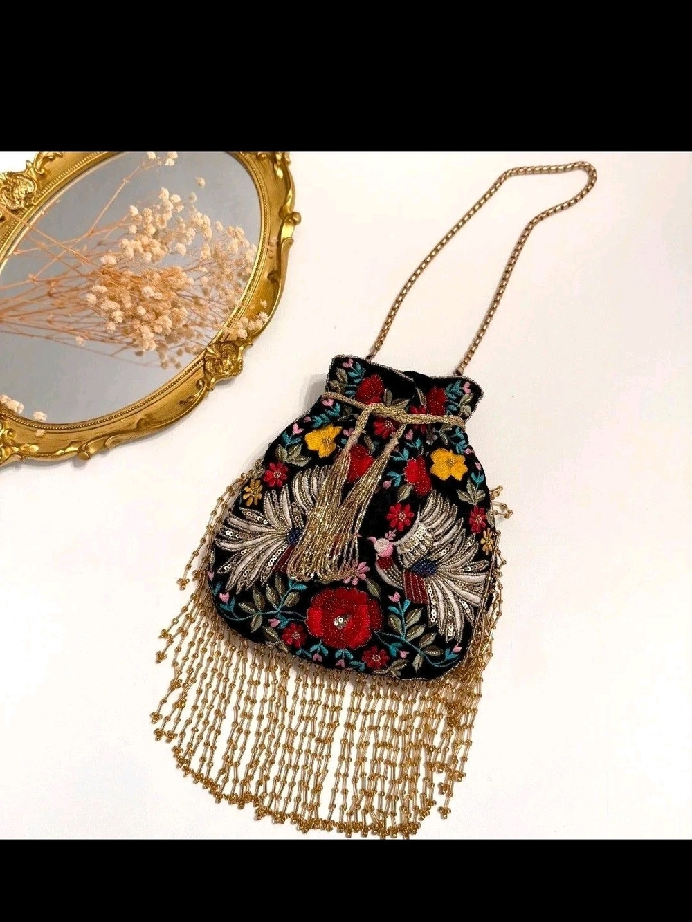 Embroidered Black Velvet Drawstring Bag with Gold Beaded Fringe - Picture 2 of 5